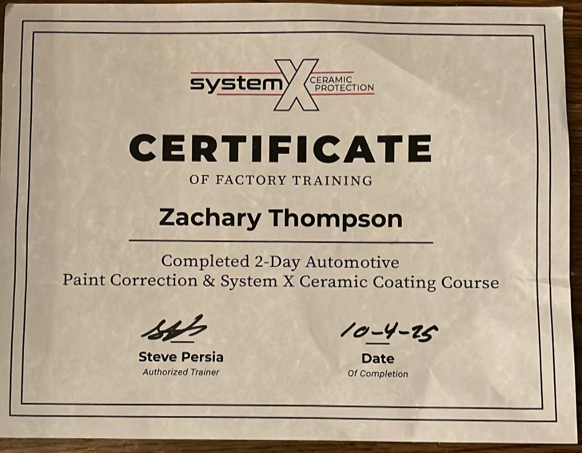 System X factory training certificate — automotive paint correction & ceramic coating, Zachary Thompson