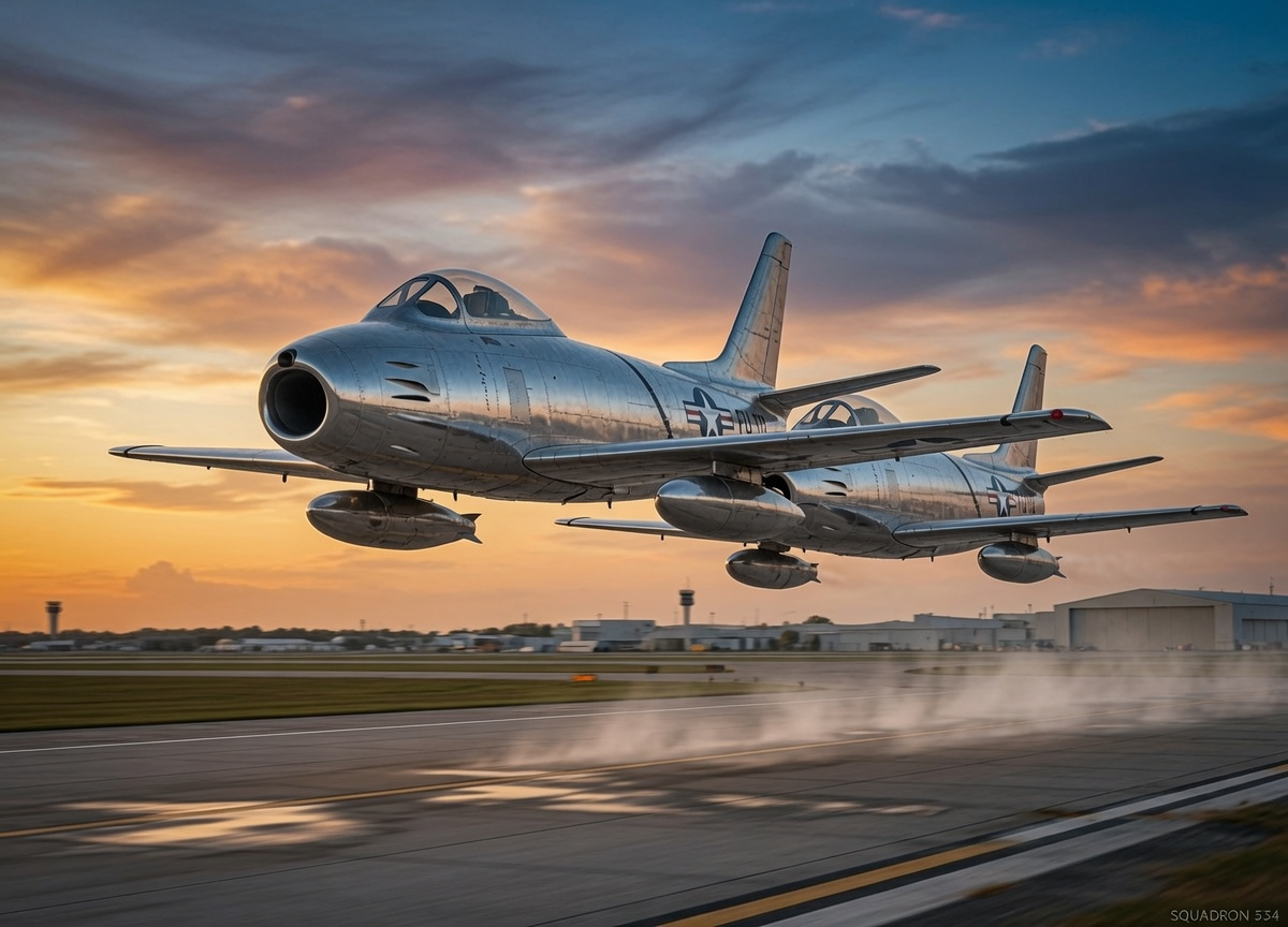 Two polished F-86 Sabres passing low over the airfield